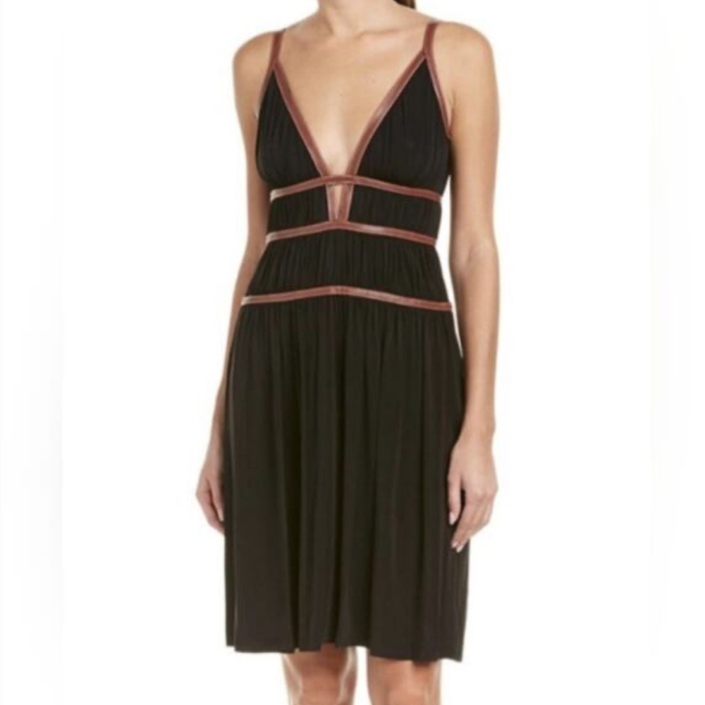 NWT BCBG Black Dress Brown Leather Trim